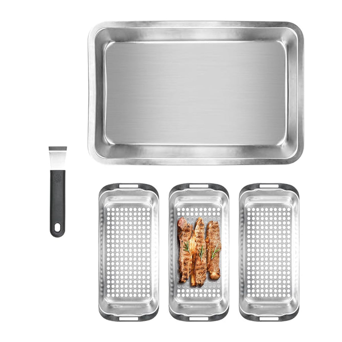 Grill Pans For Outdoor Grill-3 Grilling Baskets|Serving Tray| Clip-On Handle.Bbq Serving Platters With Holes For Grill Fish,Vege