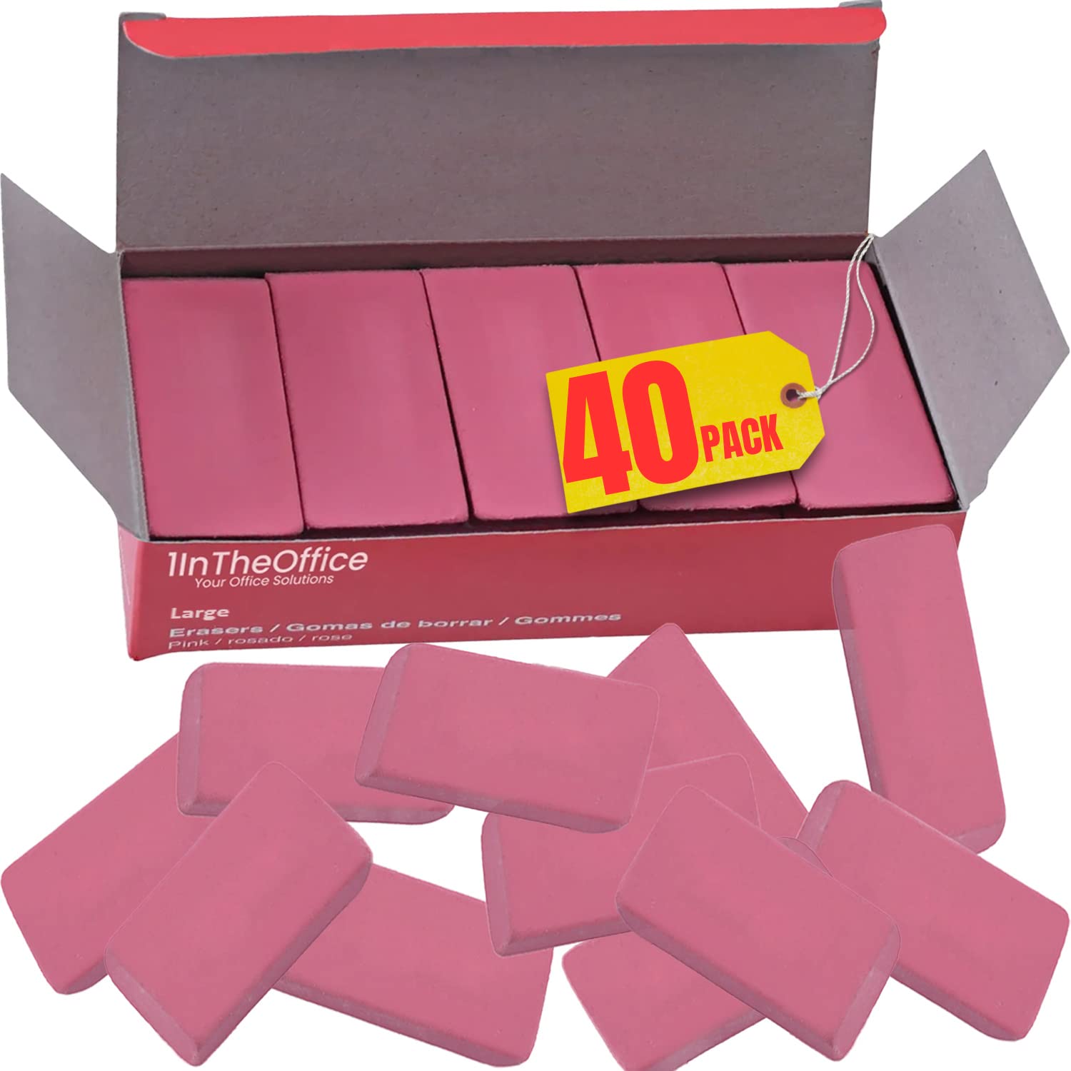 1Intheoffice Small Pink Eraser, Bevel Eraser Latex Free, Rectangular Block, (40 Pack)