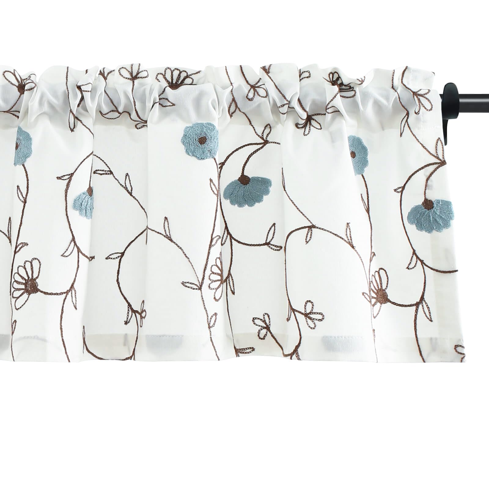 Vogol Blue Floral Embroidered Curtain Valances, Country Style Rod Pocket Window Treatments For Bedroom, Soft Touch Comfort Drape