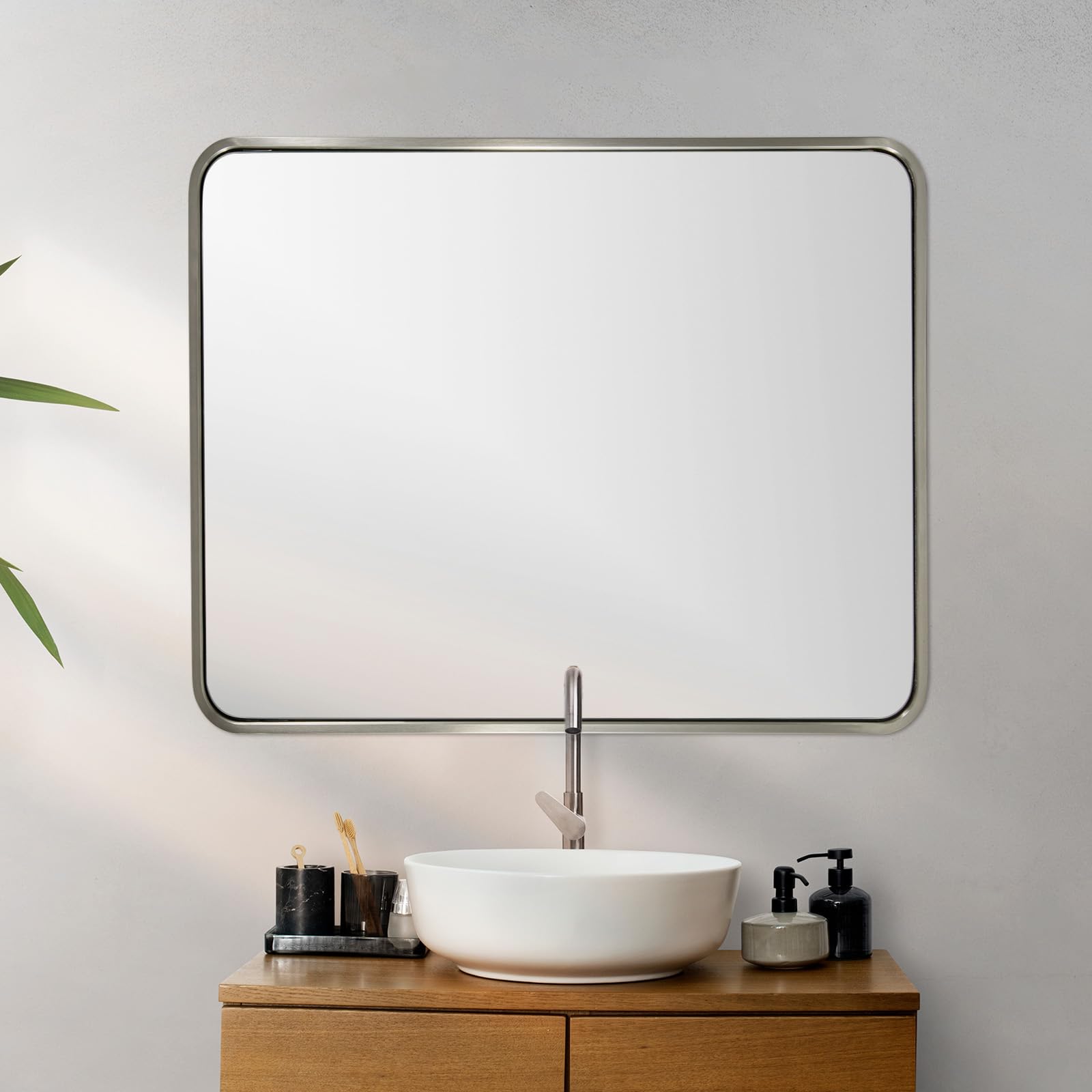 ANDY STAR 40x32 Inch Brushed Nickel Bathroom Mirror, Rounded Rectangle Bathroom Vanity Mirrors for Wall, Anti-Rust SUS304, Seaml