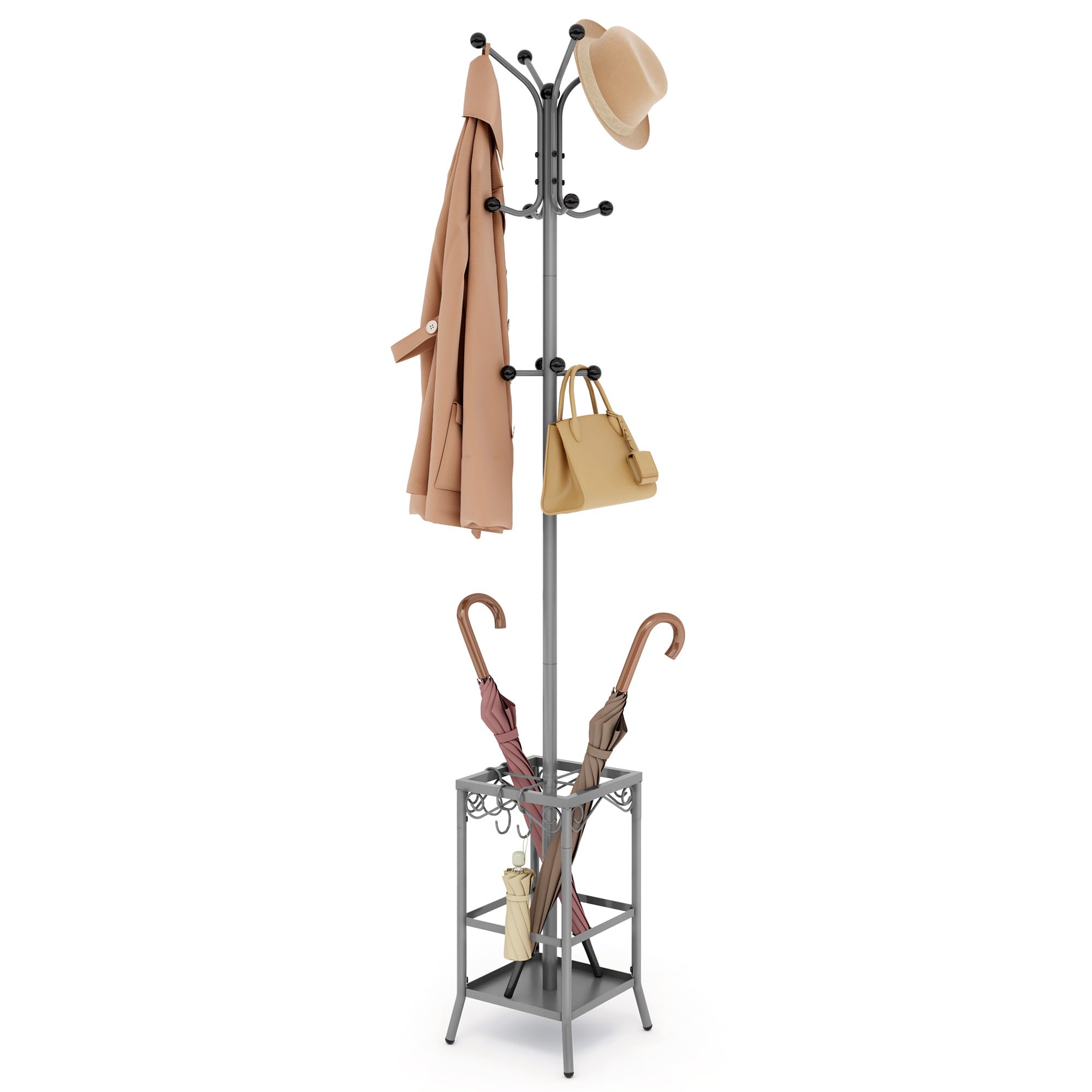Hoctieon Coat Rack Freestanding, Coat Tree with Umbrella Holder, Metal Coat Rack Stand with 12 Hooks, Standing Coat Hanger Stand