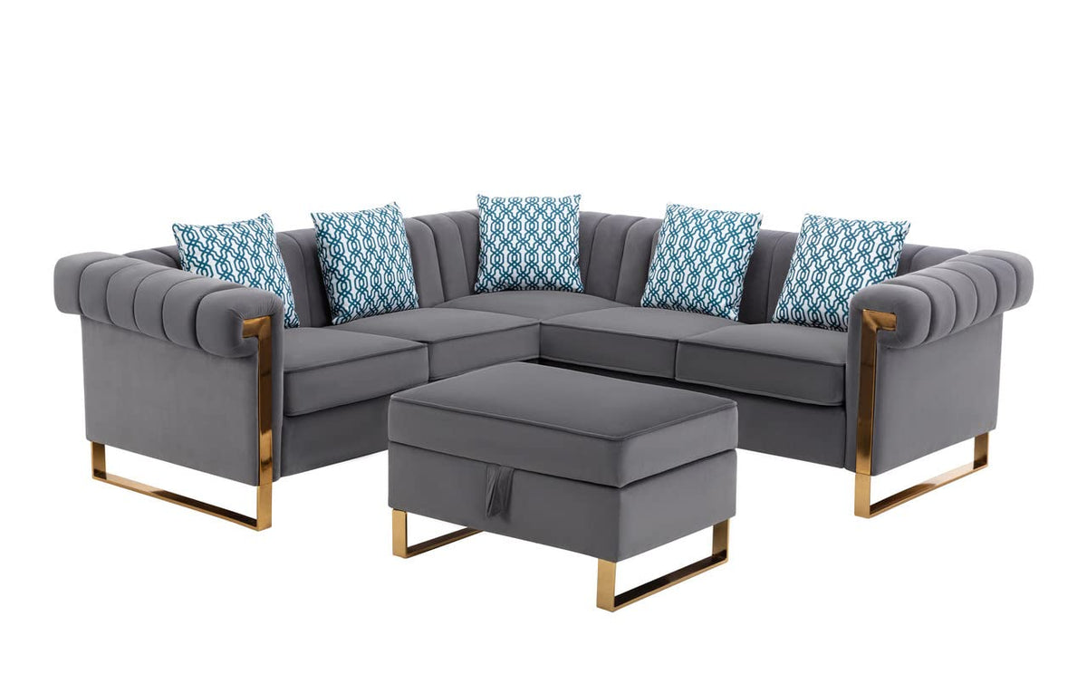 Lilola Home Maddie Gray Velvet 5-Seater Sectional Sofa with Storage Ottoman