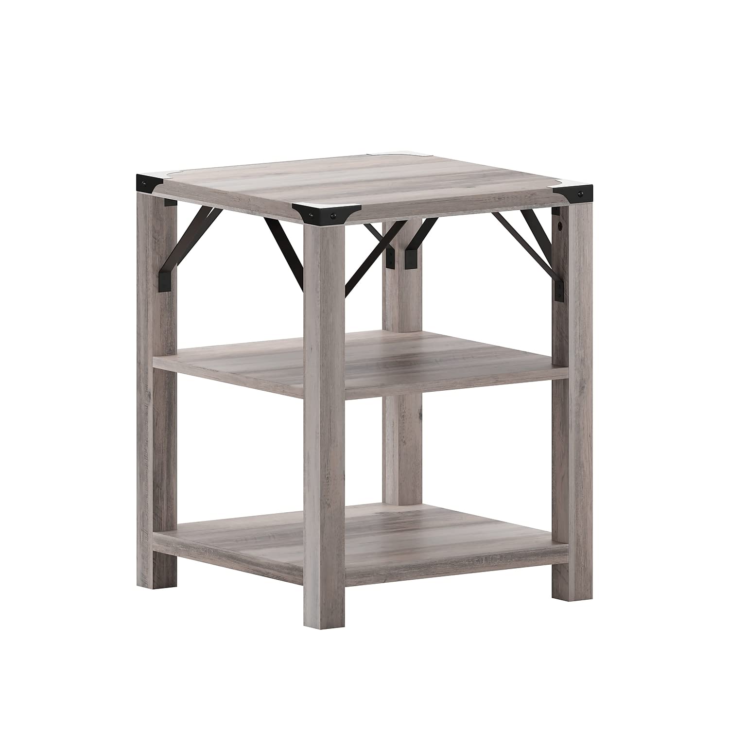 Flash Furniture Wyatt Modern Farmhouse 3 Tier Side Table - Gray Wash Engineered Wood Frame - Black Metal Crisscross Side Braces And Corner Accents