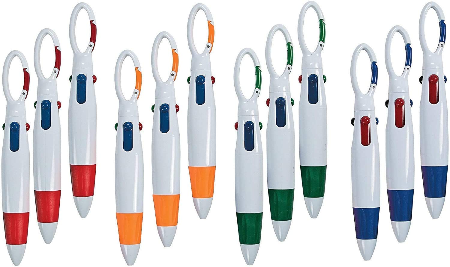 Zugar Land 4 Color Carabiner Shuttle Pen (12 Pack) 5.5'. 4 Retractable Ink Colors. Clip It. Party Favor, School Arts And Crafts