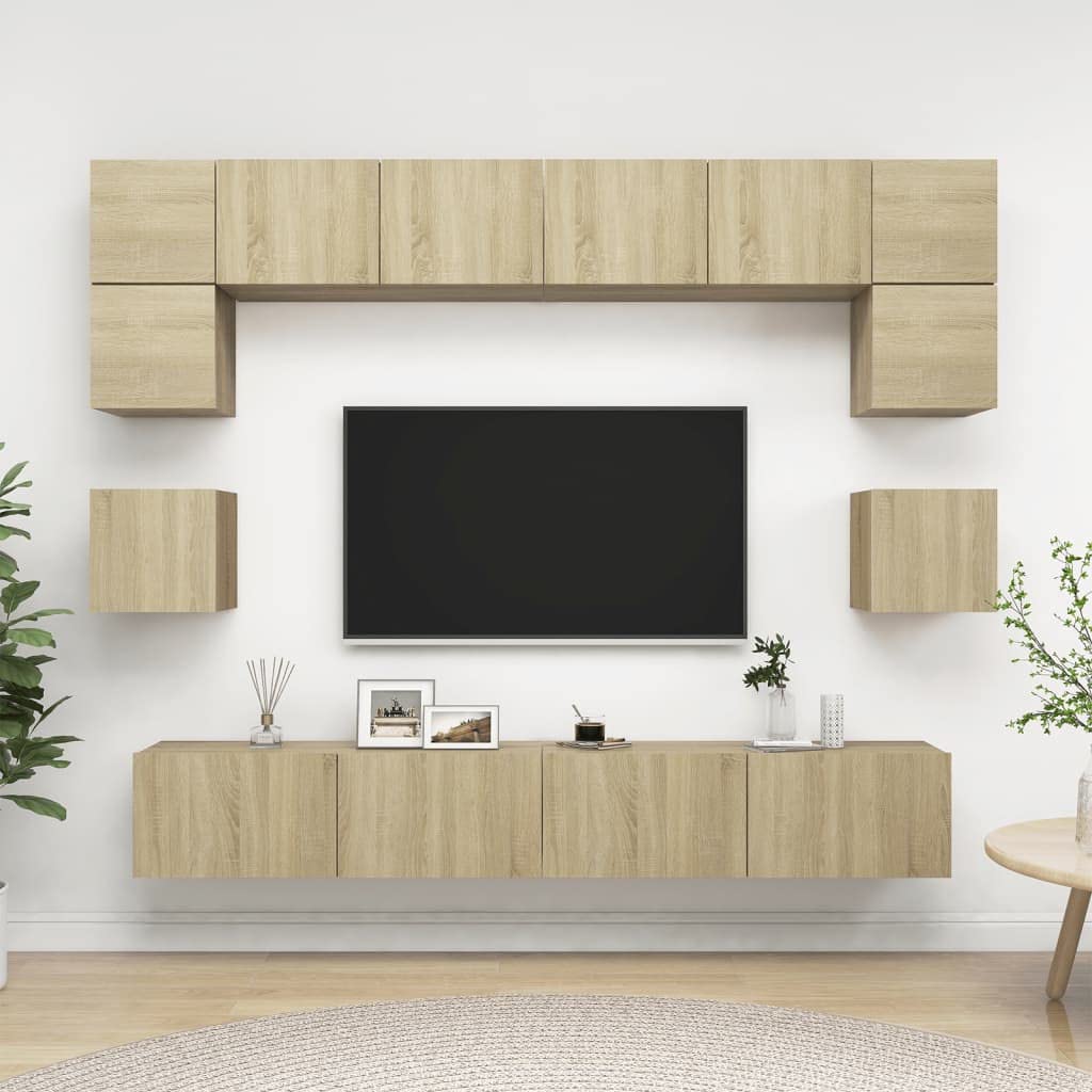 vidaXL TV Cabinet Set 8 Piece Home Indoor Hanging Wall-Mounted Stereo Plasma HiFi Cabinet TV Stand Unit Furniture Sonoma Oak Engineered Wood
