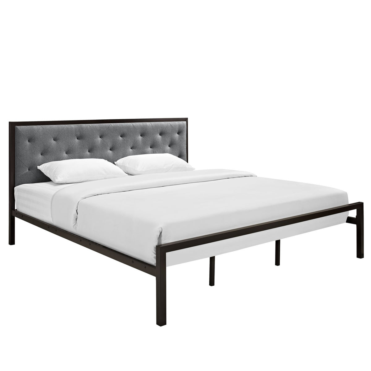 Modway Mia Upholstered Brown Gray Tufted Platform Bed With Metal Slat Support in King