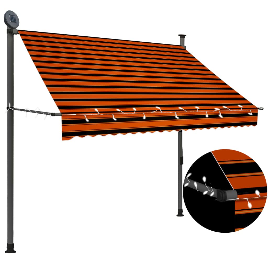 Vidaxl Manual Retractable Awning, 78.7&quot;, With Solar-Powered Led Lights, Water And Dirt-Repellent Fabric. Ideal For Patio, Balcony, And Garden, Adjustable - Orange And Brown