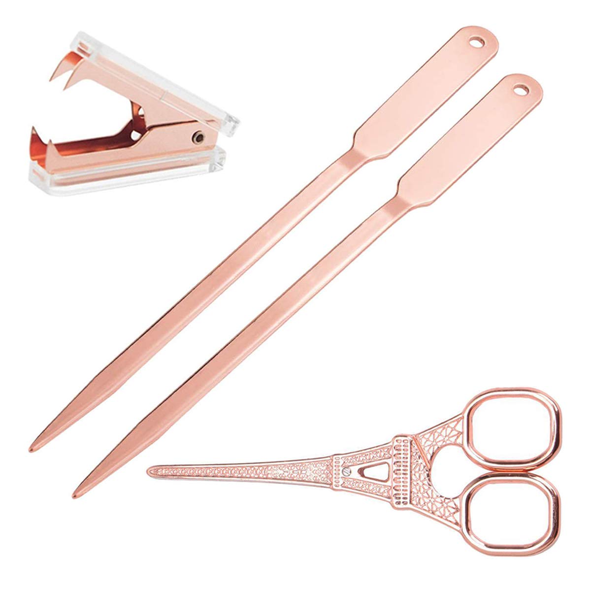 Rose Gold Desk Accessories Set - Scissors, Staple Remover And 2 Letter Openers, Luxury Rose Gold Office Supplies & Desk Decorati
