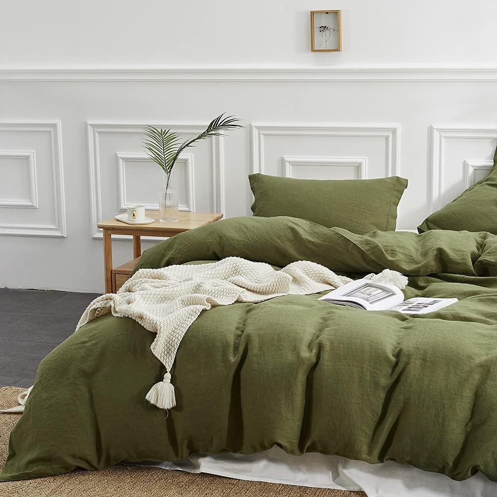 Simple&Opulence 100% Linen Duvet Cover Set, 2 Pcs Pure Natural French Flax Olive Green Duvet Cover Twin Size, Breathable Soft Co