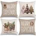 Geeory Christmas Pillow Covers 20 X 20 Inch Set Of 4, Striped Wooden Tree Snow Sleigh Merry Bright Xmas Holiday Decor Decorative