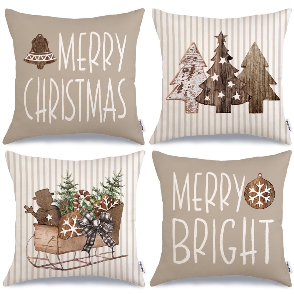 Geeory Christmas Pillow Covers 18 X 18 Inch Set Of 4, Striped Wooden Tree Snow Sleigh Merry Bright Xmas Holiday Decor Decorative