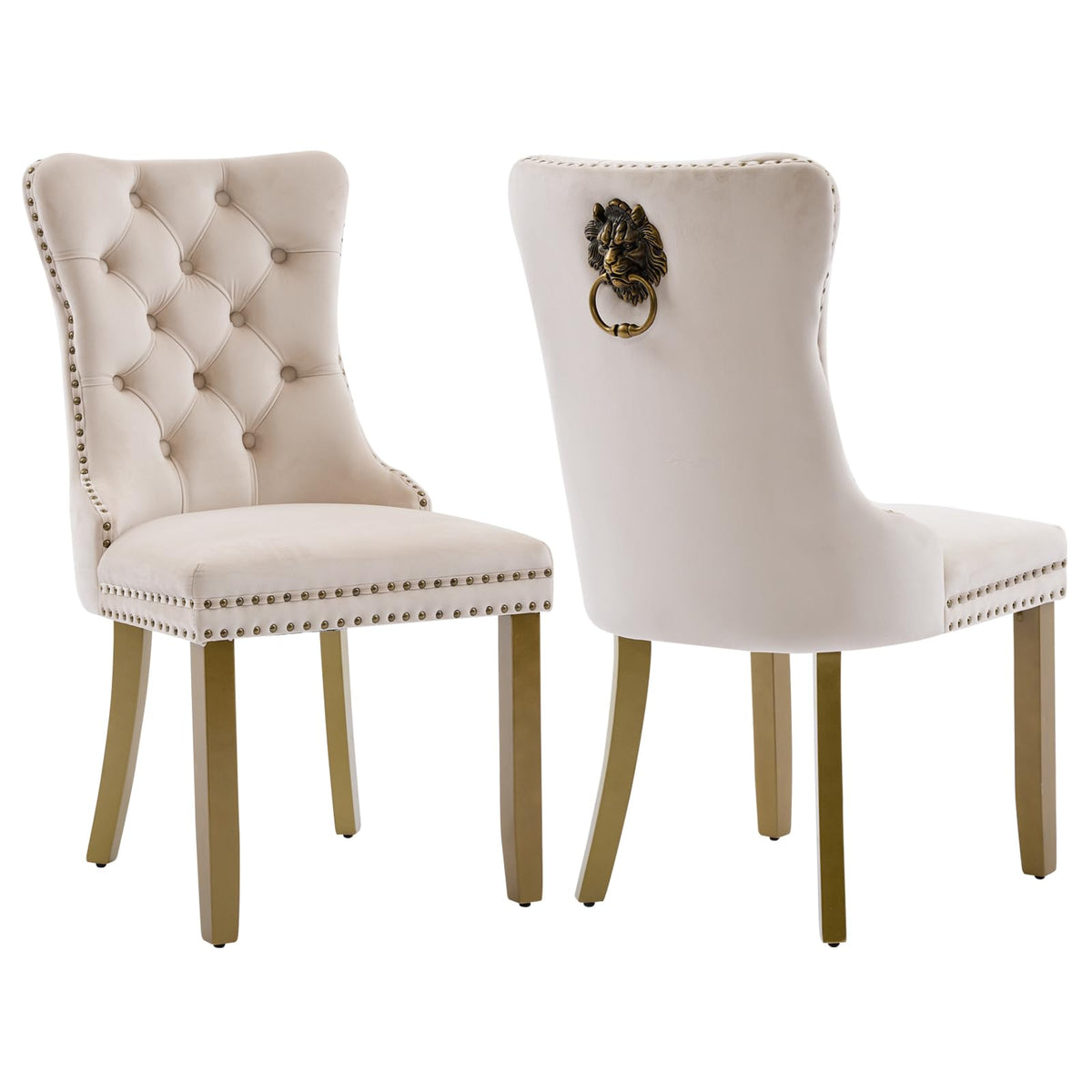 Velvet Dining Chairs Set Of 2, Modern Tufted Dining Room Chair, Upholstered Dining Chairs With Lion Head Pulls Ring And Golden S