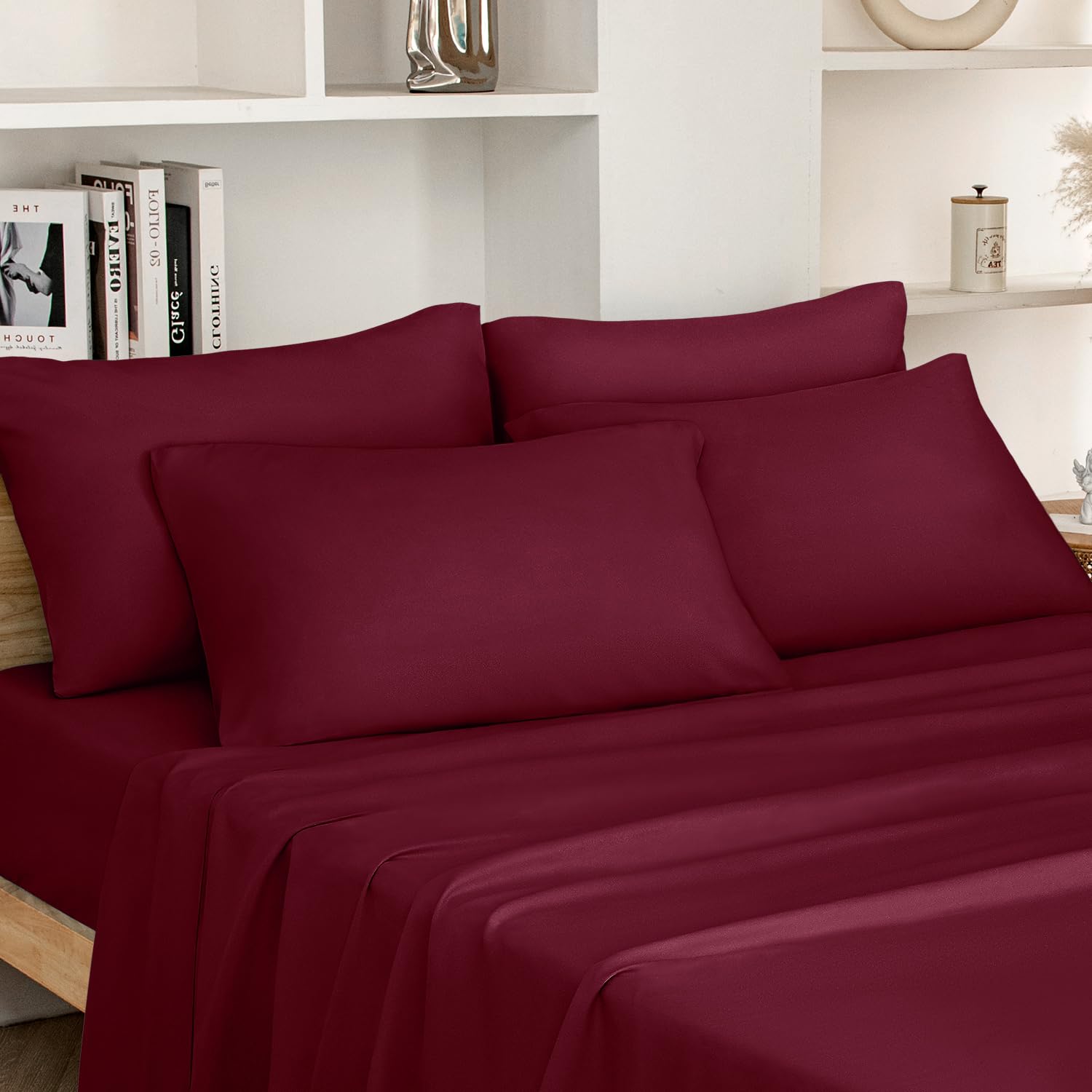 Homeideas King Size Bed Sheets - 6 Piece Set (Burgundy) - Extra Soft Brushed Microfiber 1800 Bedding Sheets, Maroon Sheets, Deep