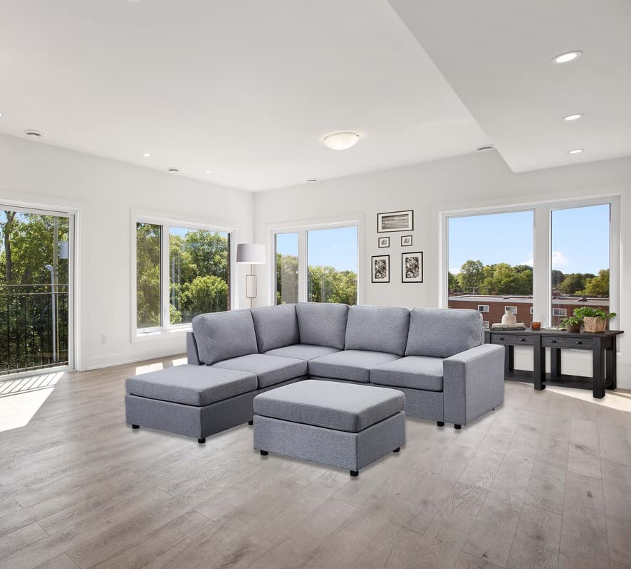 Lilola Home Skye Light Gray Linen 6 Seat Reversible Modular Sectional Sofa with Ottoman