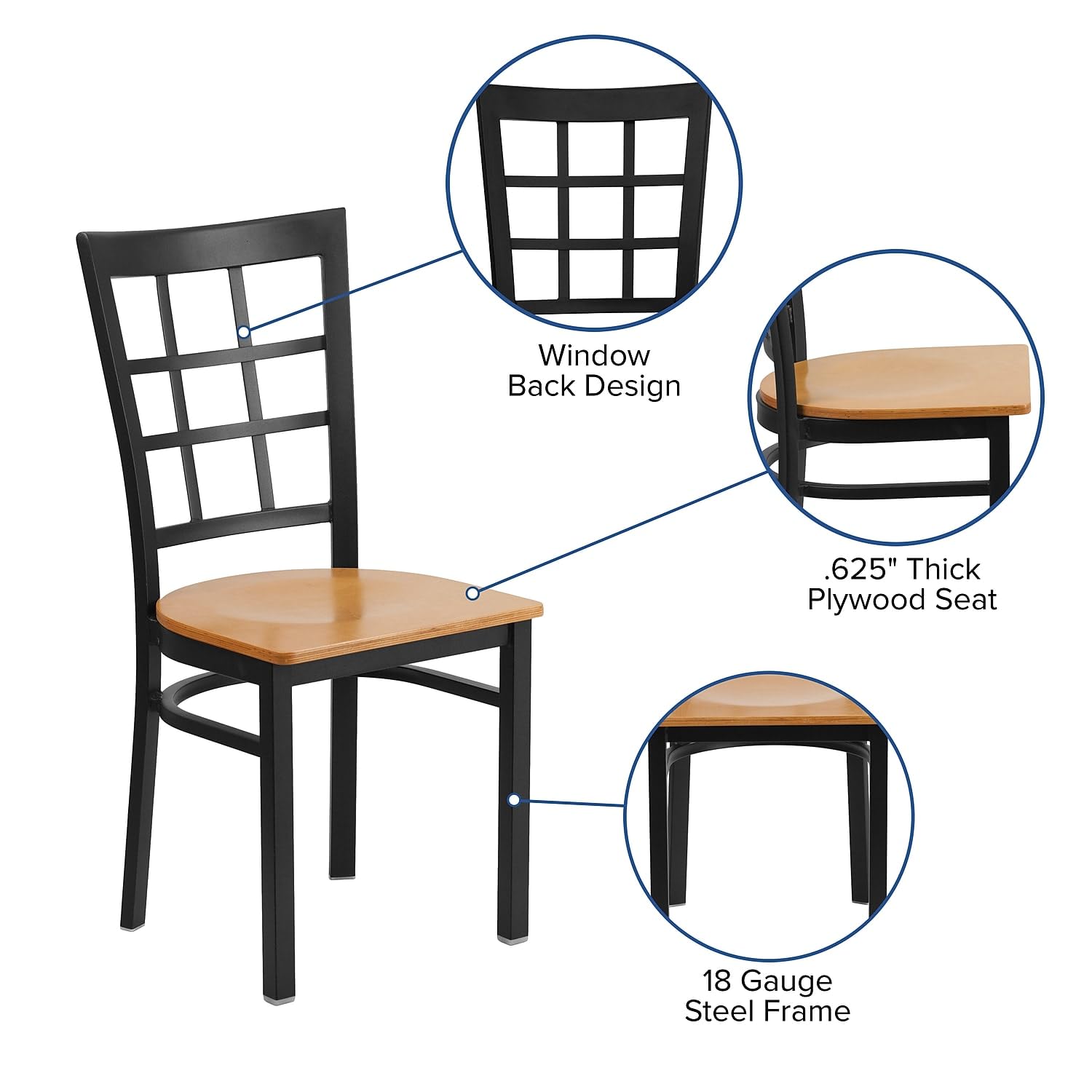 Flash Furniture HERCULES Series Black Window Back Metal Restaurant Chair - Natural Wood Seat