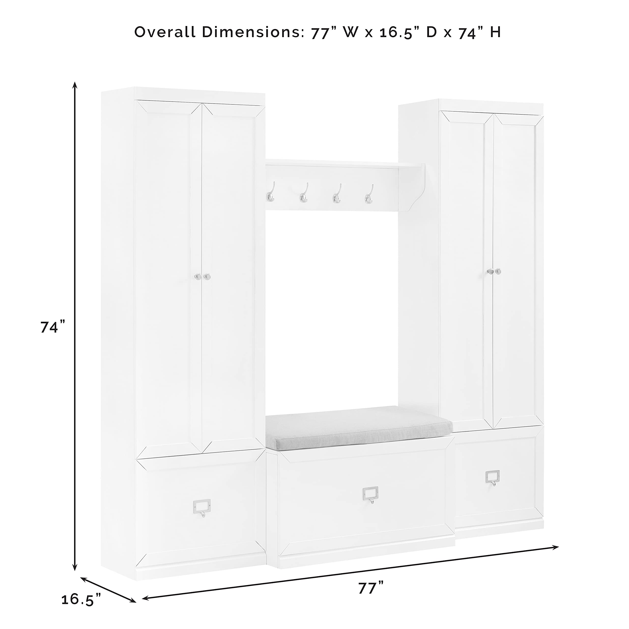 Crosley Furniture Harper 4-Piece Storage Cabinet, Shoe Rack Bench, And Wall Shelf Set With Coat Hooks, White