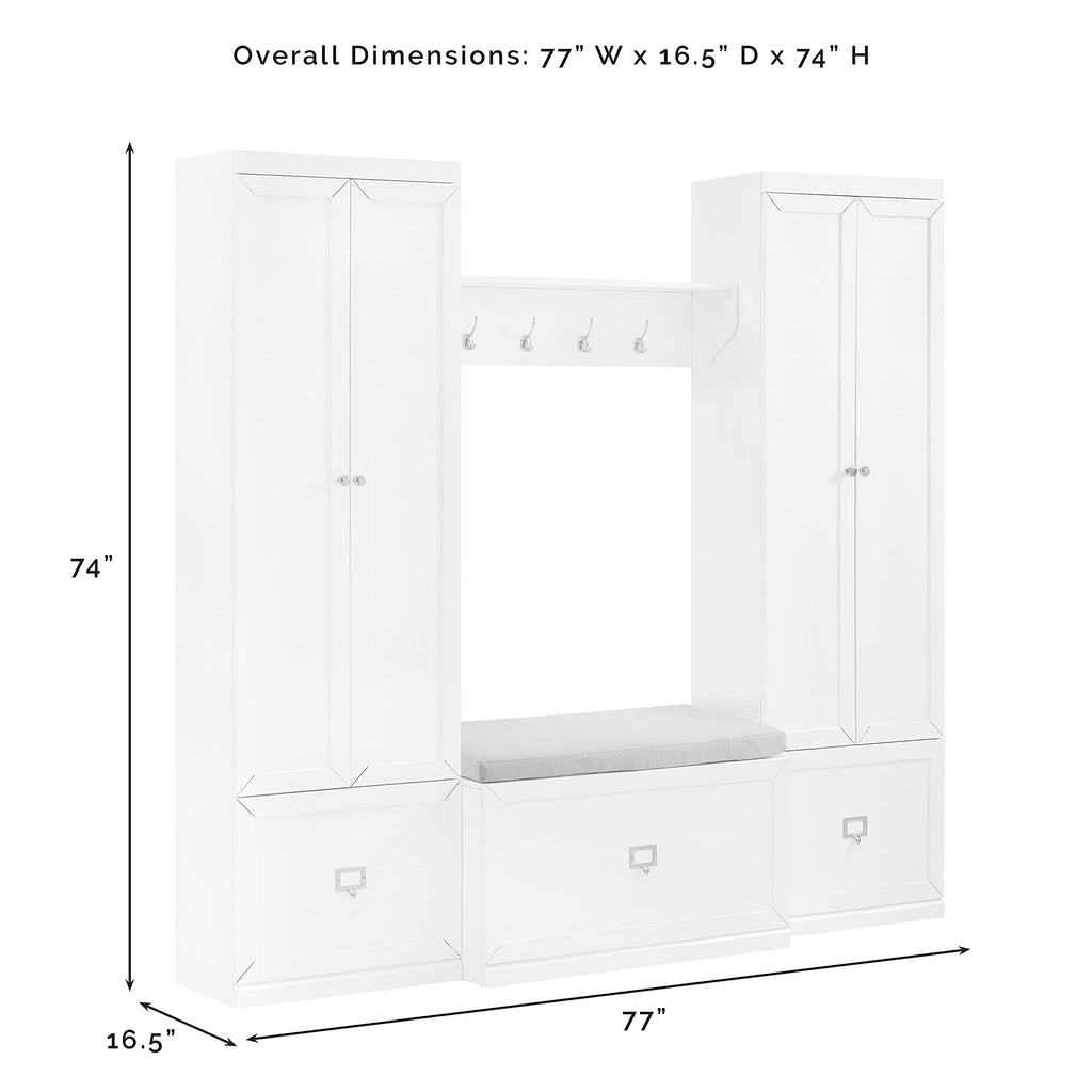 Crosley Furniture Harper 4-Piece Storage Cabinet, Shoe Rack Bench, And Wall Shelf Set With Coat Hooks, White