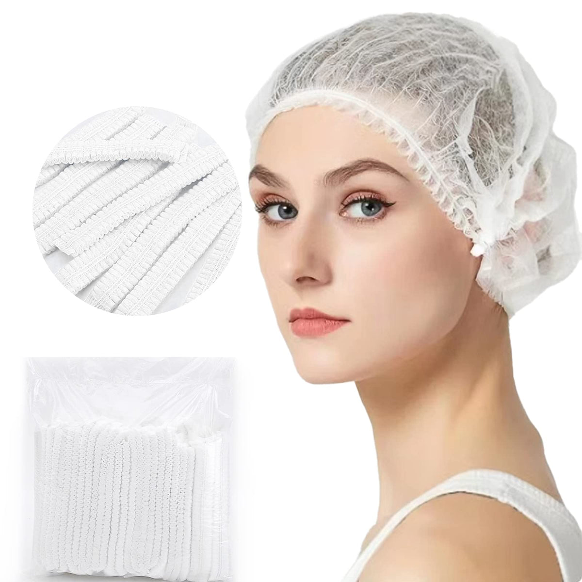 ZXFUTURE 50 Pack 21'' White Disposable Nonwoven Bouffant Caps Hair net Hair Sleeves with Swivel Side Headbands, Unisex, Perfect 