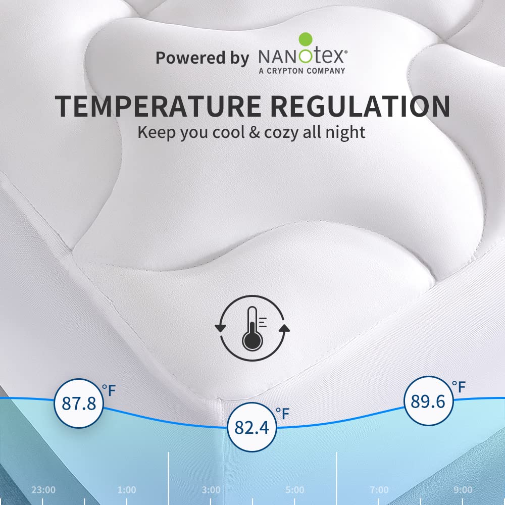 Sleep Zone Cooling Mattress Topper Short Queen Mattress Pad, Quilted Fitted Mattress Cover, Machine Washable, Soft Fluffy Mattress Protector, Deep Pocket 8~21 Inch(White, Short Queen)