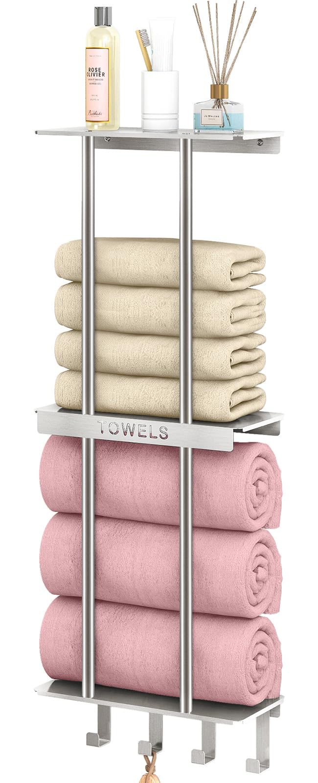 Bathroom Towel Storage, Towel Racks for Bathroom with 3-Tier Shelf & 4 Hooks, Towel Holder for Bathroom Wall for Rolled Bath Tow