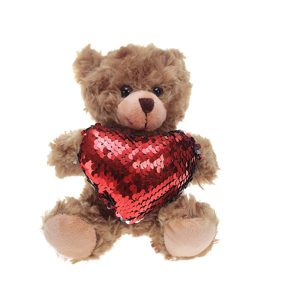 Plushland Stuffed Mocha Heart Bear - Plush Bear Toy for Kids & Adults - Embroidered Heart Pillow - Brown-6 inches (Red Heart)