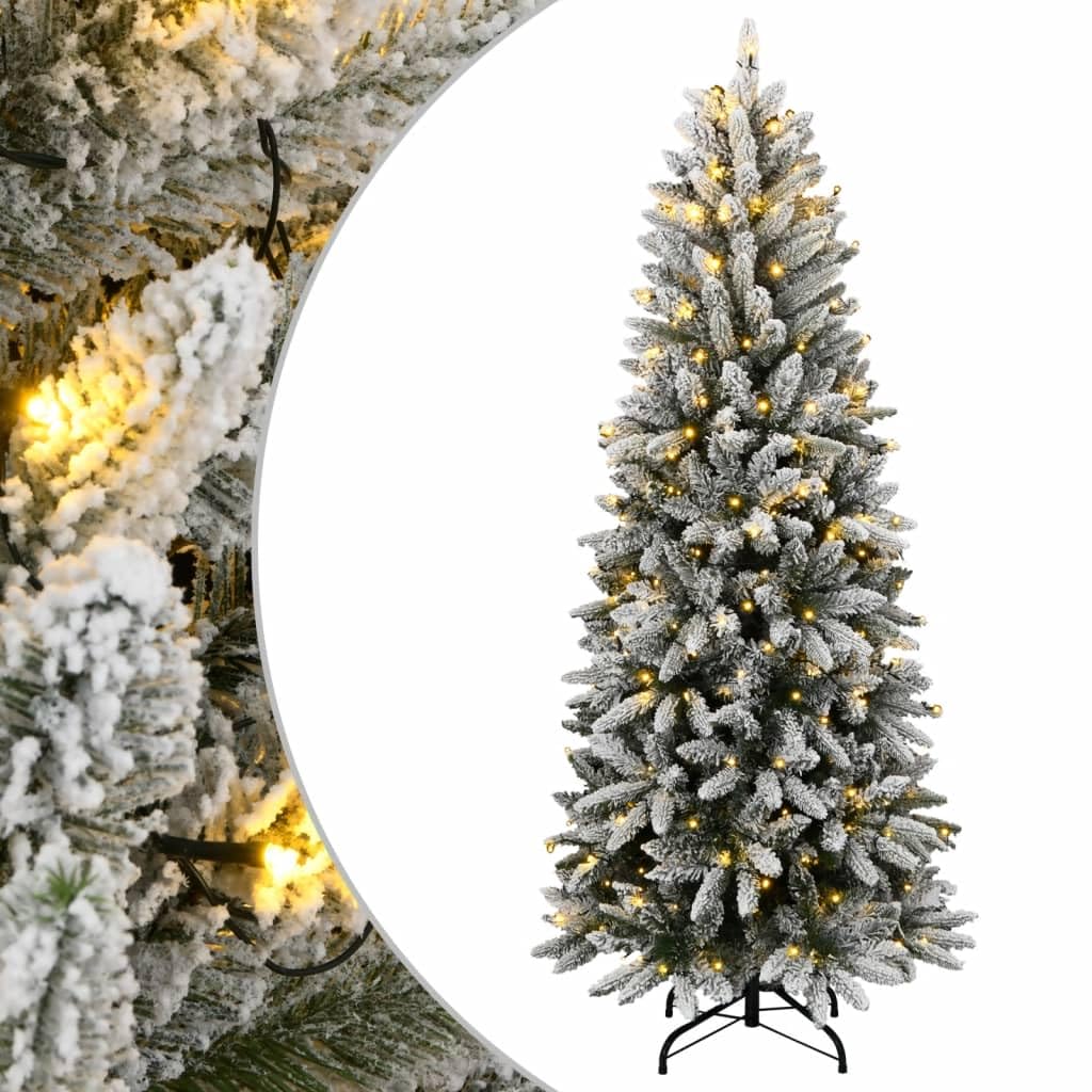 vidaXL Artificial Christmas Tree - 70.9&quot; Green/White PVC, 300 LED Warm White Lights, Snow Flocked, Steel Stand