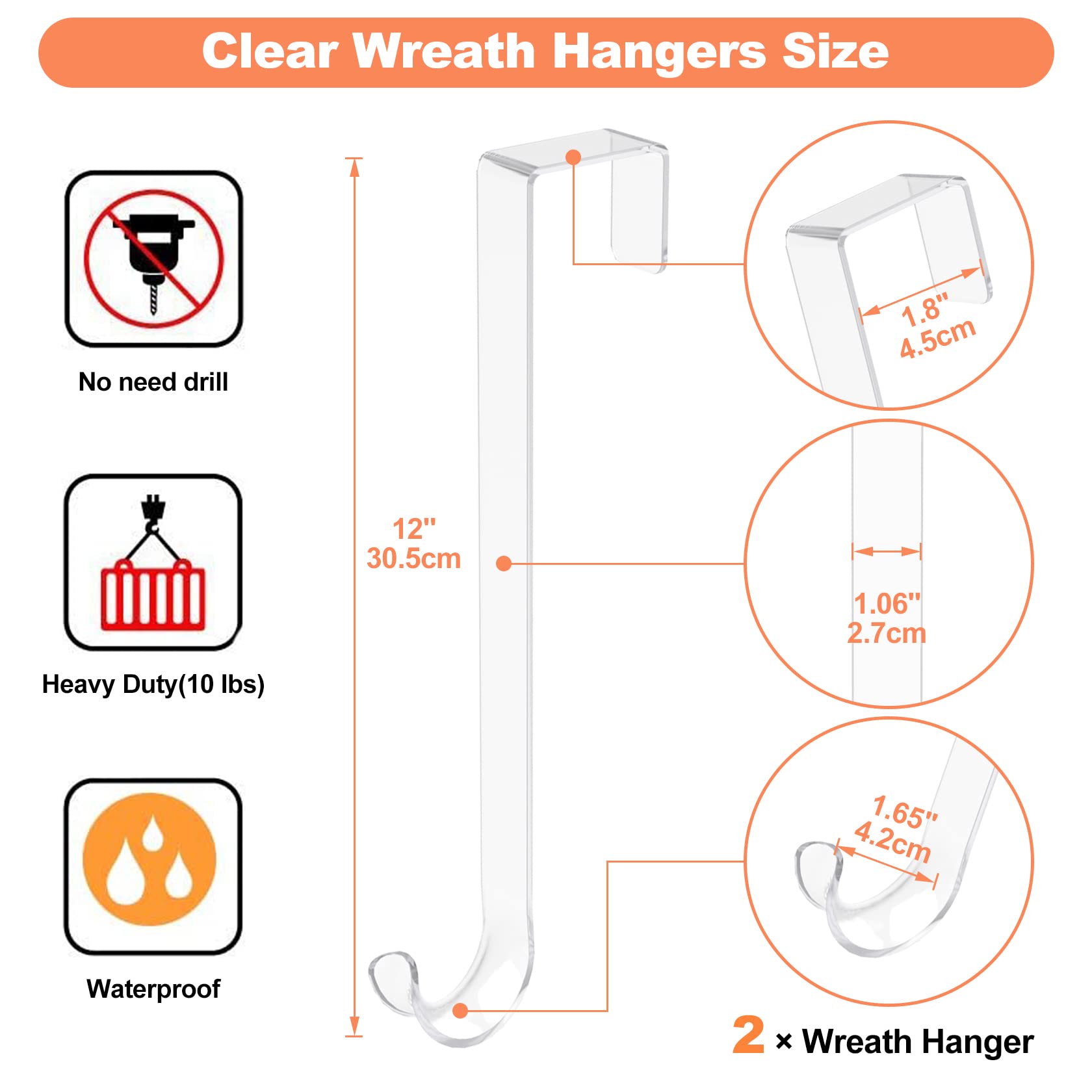12' Clear Wreath-Hanger Non Scratch Over The Door Hooks,2 Pack Wreath-Door-Hanger Easter Halloween Christmas Decoration,Welcome