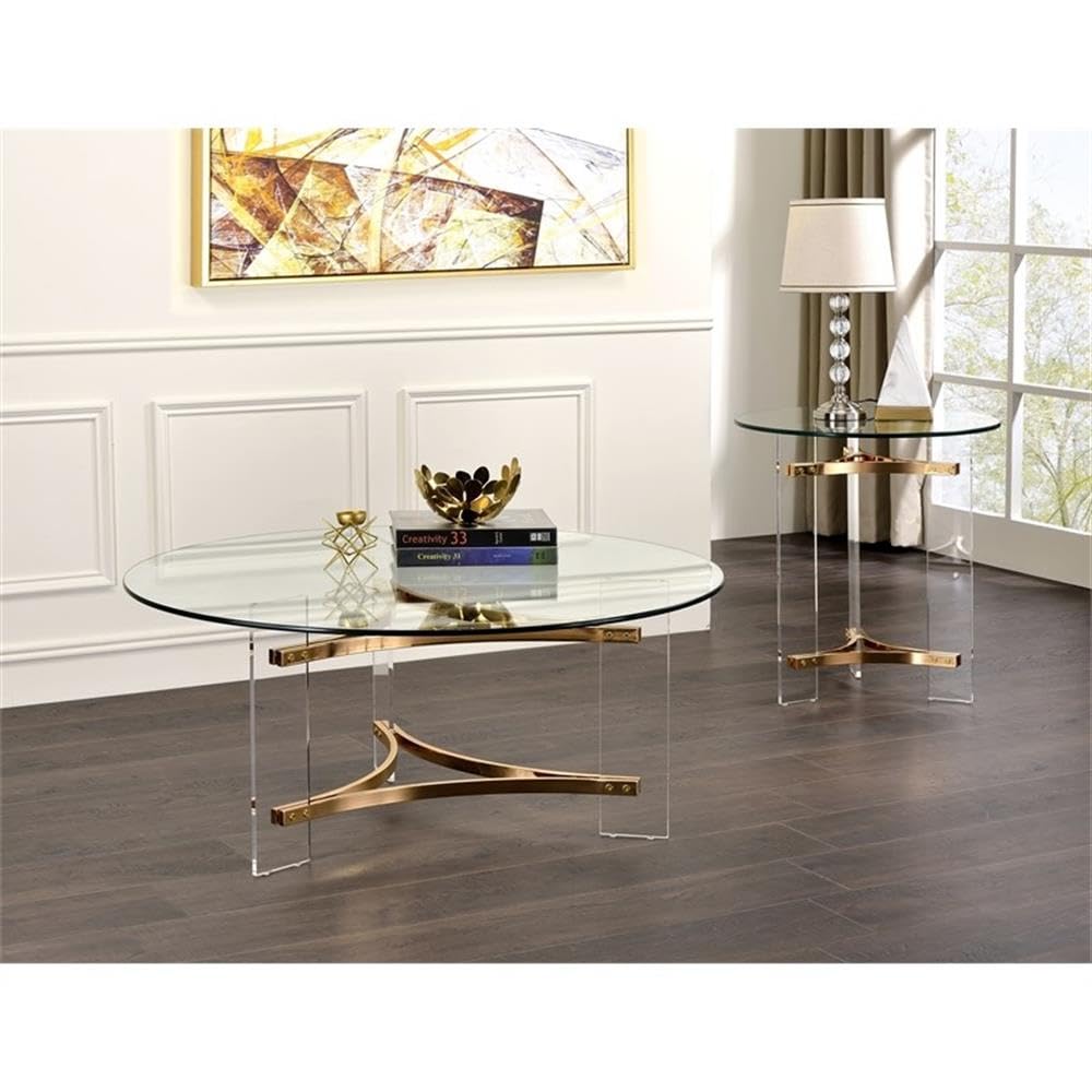 Acme Sosi Round Tempered Glass Top Coffee Table in Clear and Gold
