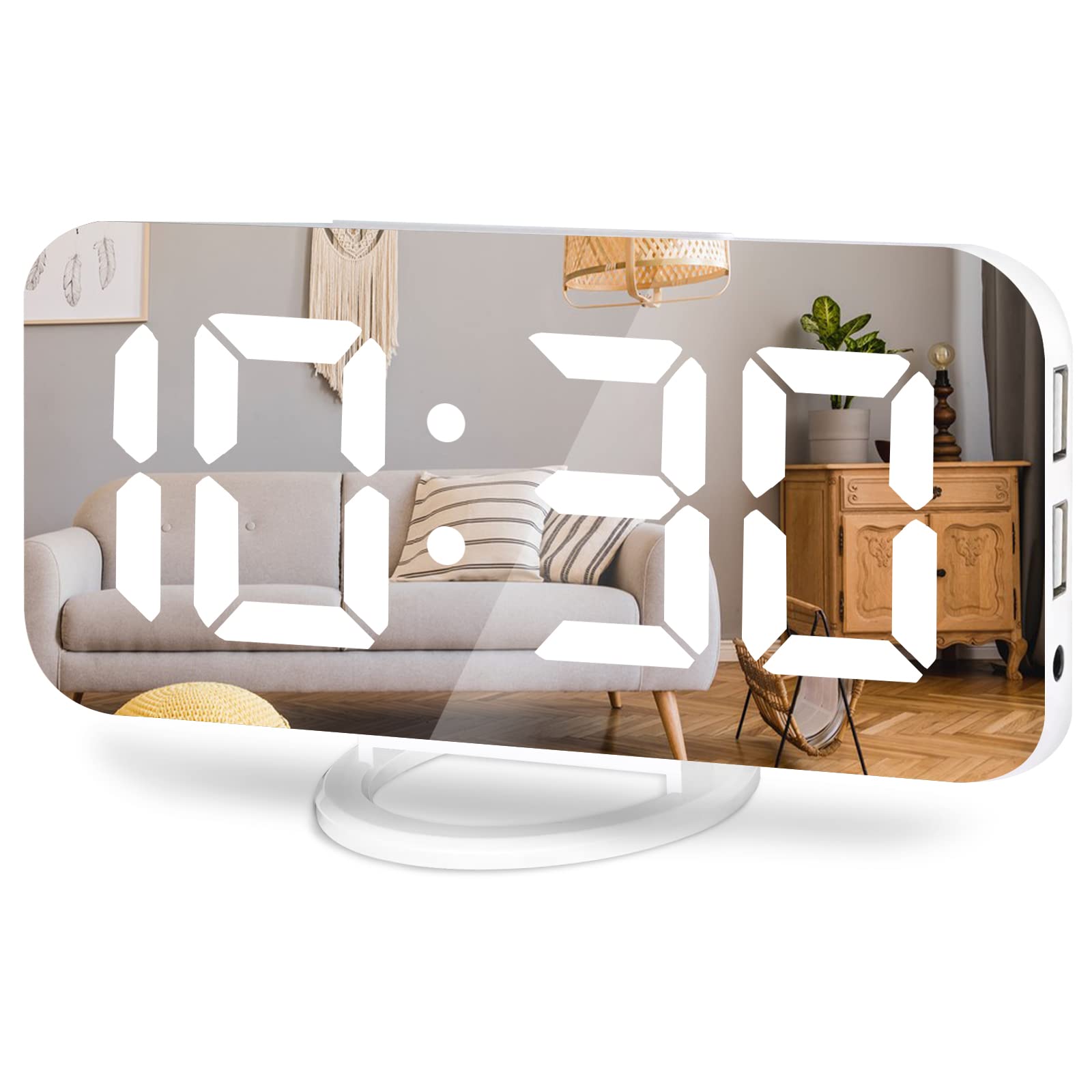 Lamisola Digital Alarm Clock, Large LED Mirror Display, 2 USB Charging Ports,Auto Dim Mode,Modern Design Clock for Bedroom Offic