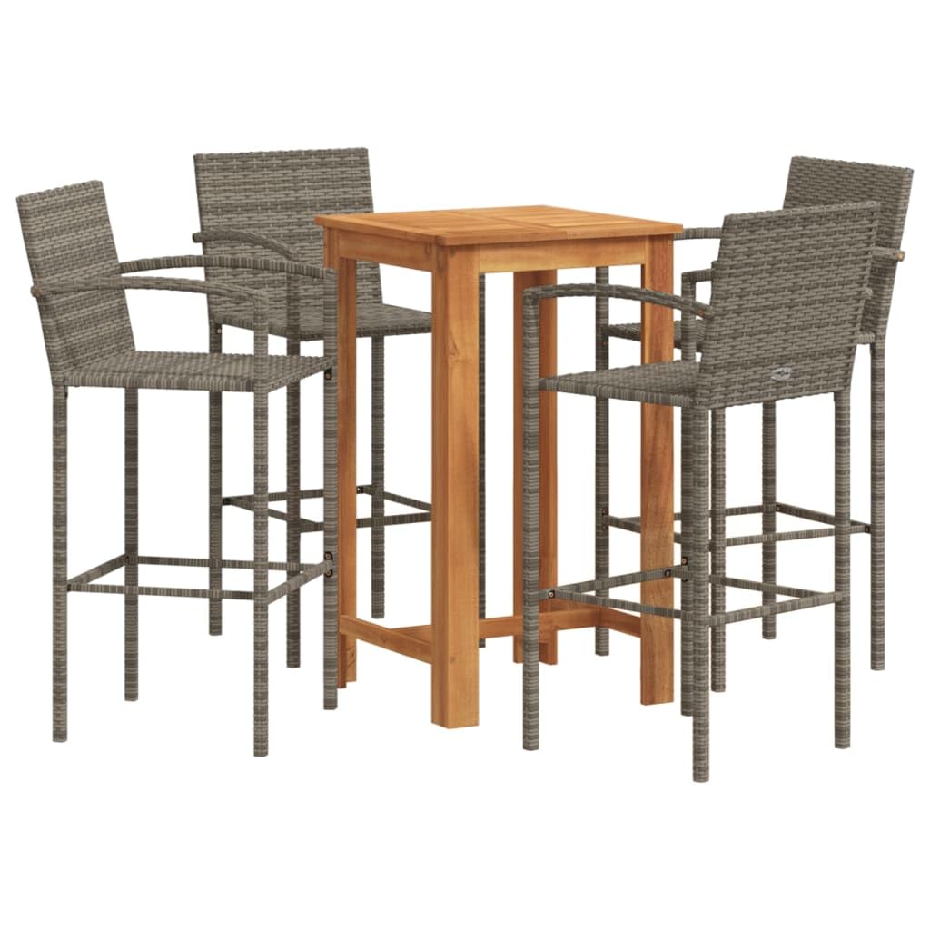 vidaXL 5-Piece Patio Bar Set - Gray PE Rattan & Solid Acacia Wood, Contemporary Outdoor Furniture, includes Square Table & 4 Sto