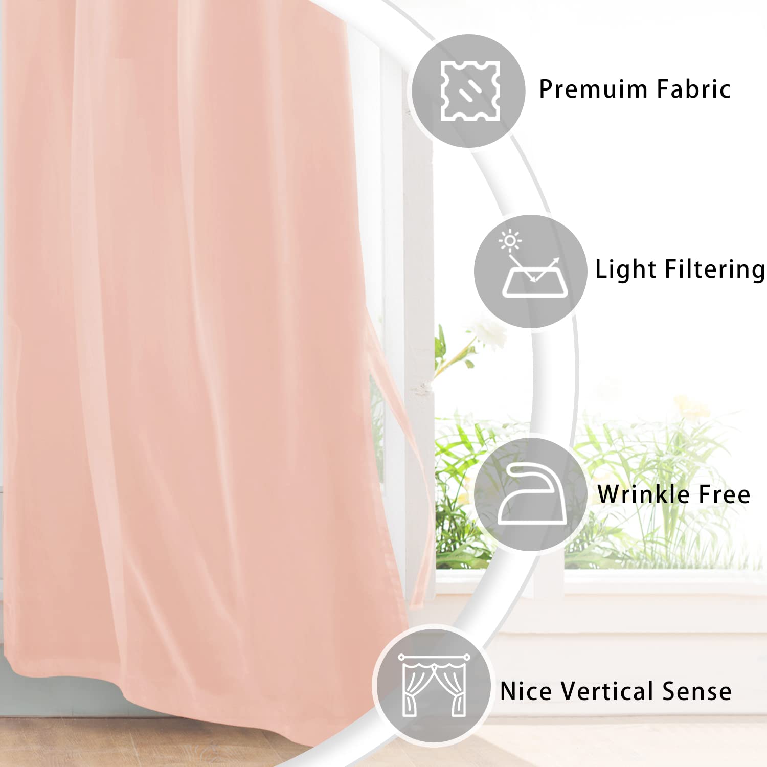Hiasan Sheer Curtains 96 Inches Long With Tiebacks, Lightweight And Light Filtering Voile Drapes Extra Long Grommet Window Curtains For Bedroom, Living Room, W52 X L96, Blush Pink, 2 Panels