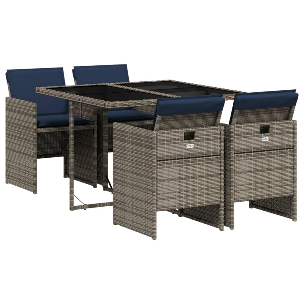 vidaXL Gray Poly Rattan Patio Dining Set with Cushions - 5 Piece Garden Furniture with Foldable Chairs and Tempered Glass Table for Garden, Backyard, or Patio - Lightweight & Weather-Resistant