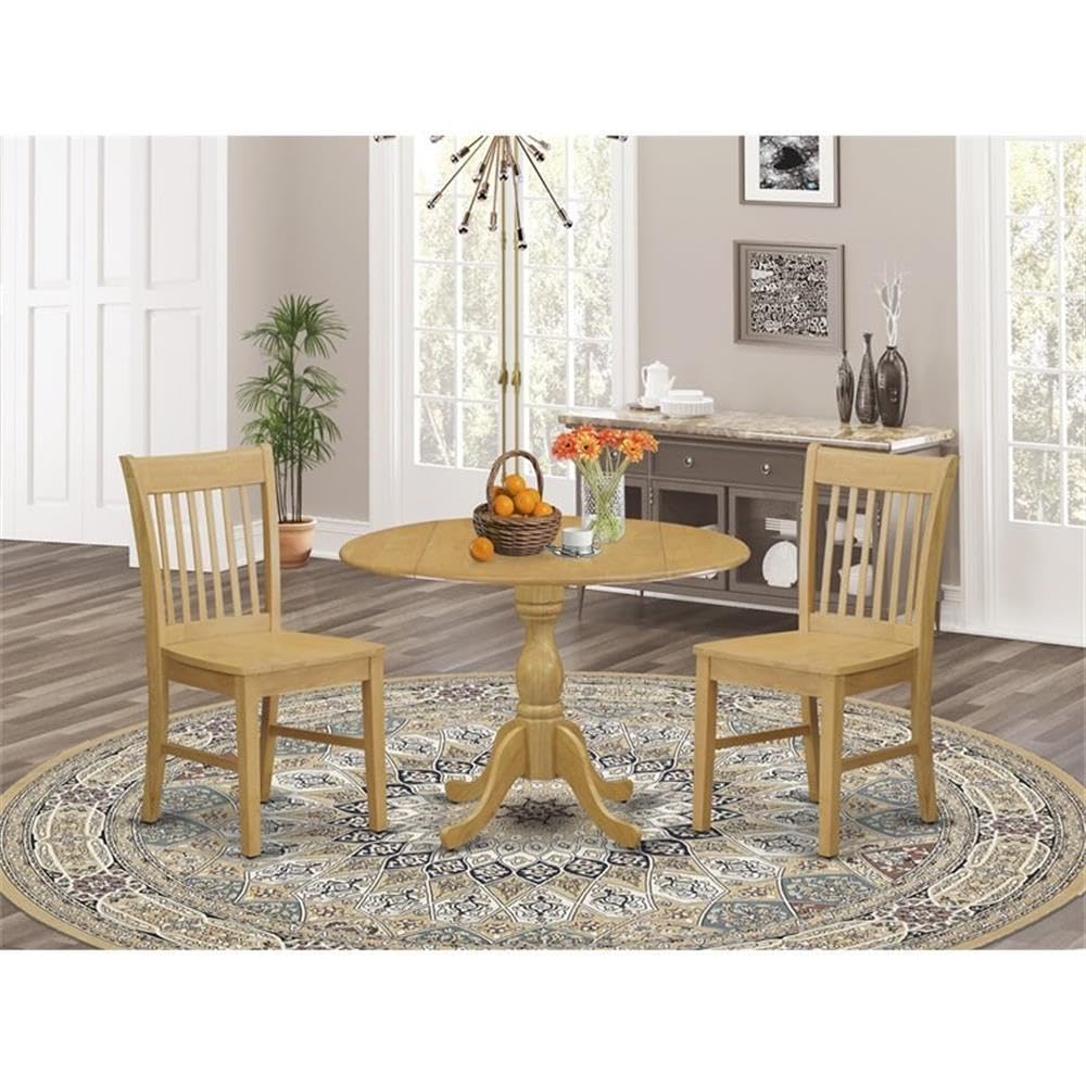 East West Furniture DMNF3-OAK-W 3 Piece Modern Dining Table Set Contains a Round Wooden Table with Dropleaf and 2 Kitchen Dining Chairs, 42x42 Inch, Oak