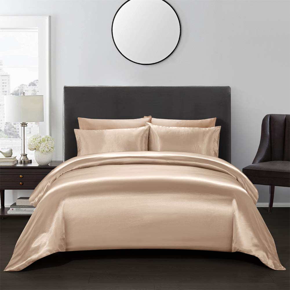 Aimay 3 Piece Satin Duvet Cover Set Bedding Sets Luxury Rich Silk Silky Super Soft Solid Color Reversible Stain-Resistant Wrinkl