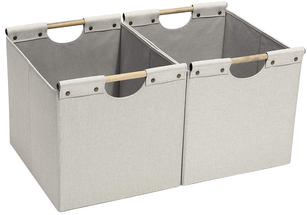 HOONEX Large Foldable Storage Bins, Linen Fabric, 2 Pack, with Wooden Carry Handles and Sturdy Heavy Cardboard, for Home, Office
