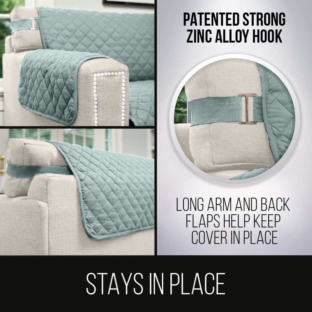Sofa Shield Patented Couch Cover, Large Furniture Protector With Straps, Reversible Tear And Stain Resistant Slipcovers, Quilted Microfiber 88” Seat, Washable Covers For Dogs, Kids, Seafoam Cream
