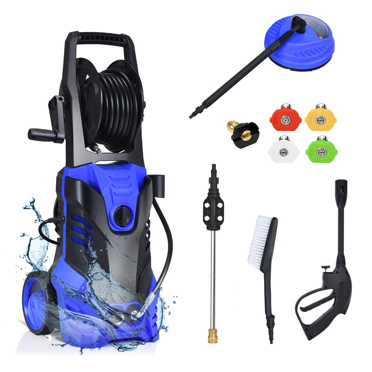 Goplus 3000Psi Electric Pressure Washer, Portable High Power Washer W/ 5 Nozzles, Hose Reel, Soap Bottle, 2 Gpm 2000W (Blue)