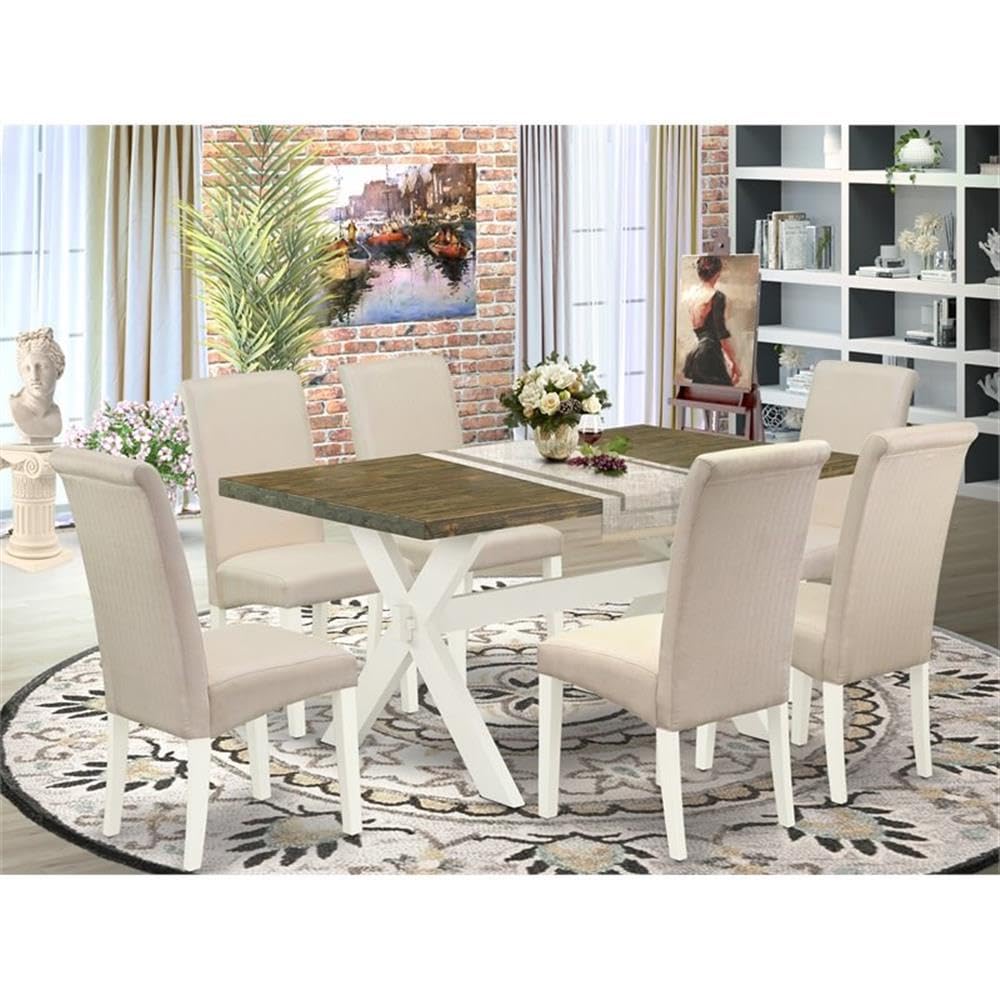 East West Furniture X076Ba201-7 7 Piece Modern Dining Table Set Consist Of A Rectangle Wooden Table With X-Legs And 6 Cream Linen Fabric Upholstered Parson Chairs, 36X60 Inch, Multi-Color