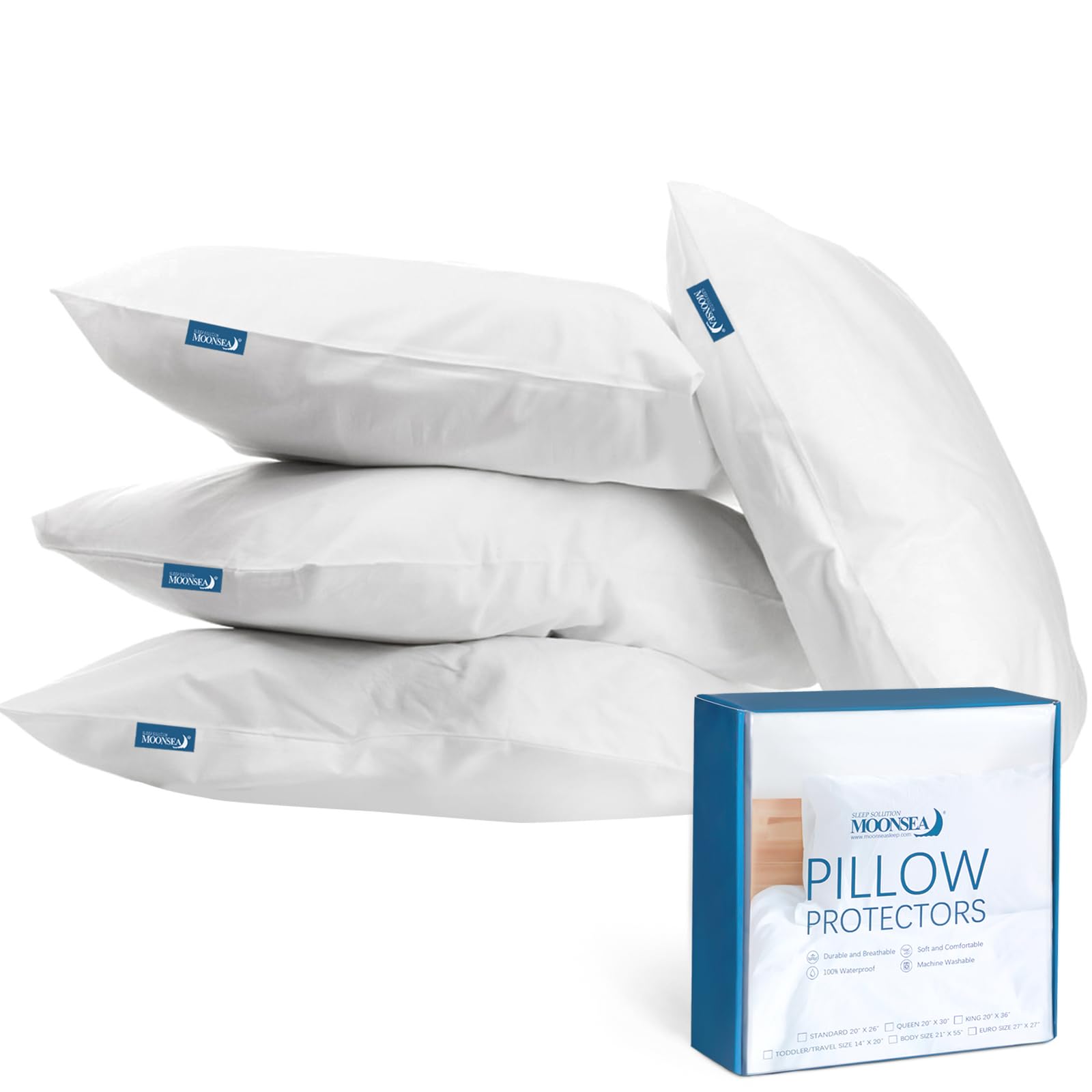 King Pillow Protector Waterproof With Zipper 4 Pack, 20X36 Inch King Size Pillow Protector, Pillow Covers Encasement Pillow Case White