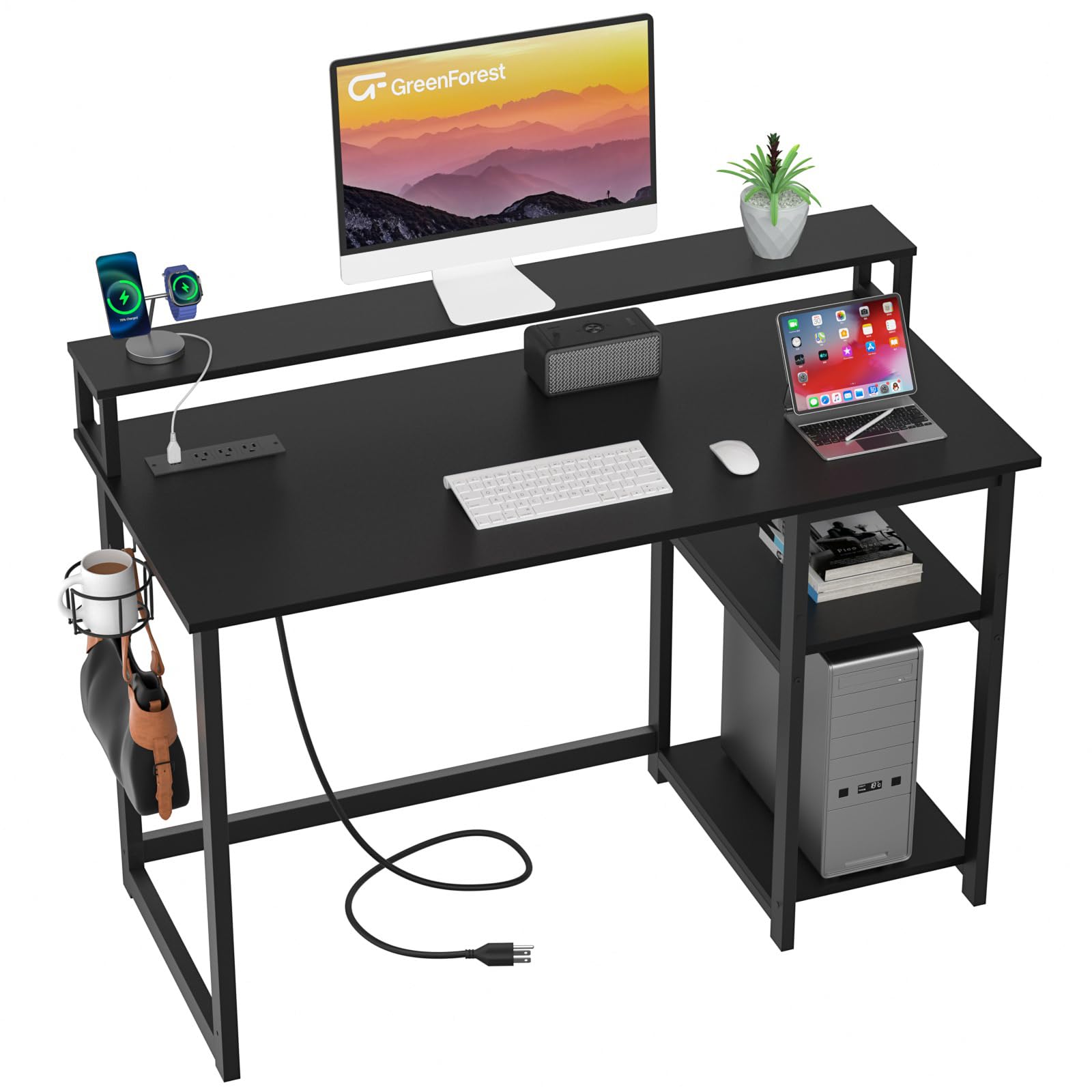 GreenForest Small Desk with USB Charging Port and Power Outlet,Reversible Computer Desk with Monitor Stand and Storage Shelves f