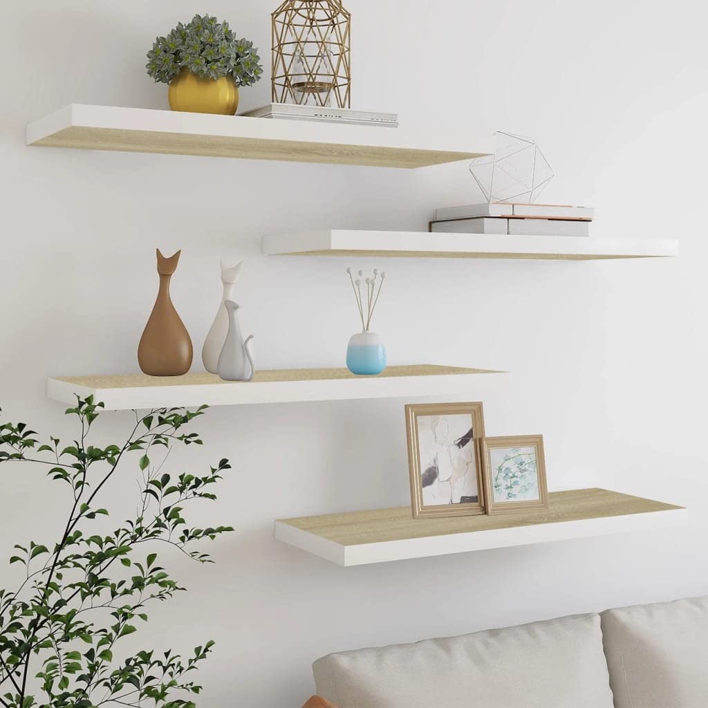 vidaXL Floating Wall Shelves – Modern Design, Invisible Mounting System, Oak & White, Honeycomb MDF Material, 31.5"x9.3"x1.5" – Set of 4