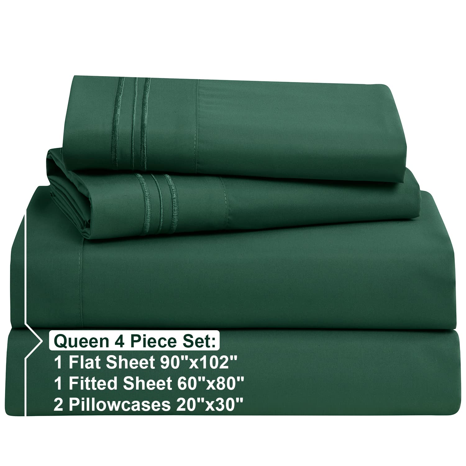 Nestl Queen Sheets Set - 4 Piece Bed Sheets For Queen Size Bed, Double Brushed Queen Size Sheets, Hotel Luxury Dark Green Sheets, Extra Soft Bedding Sheets & Pillowcases