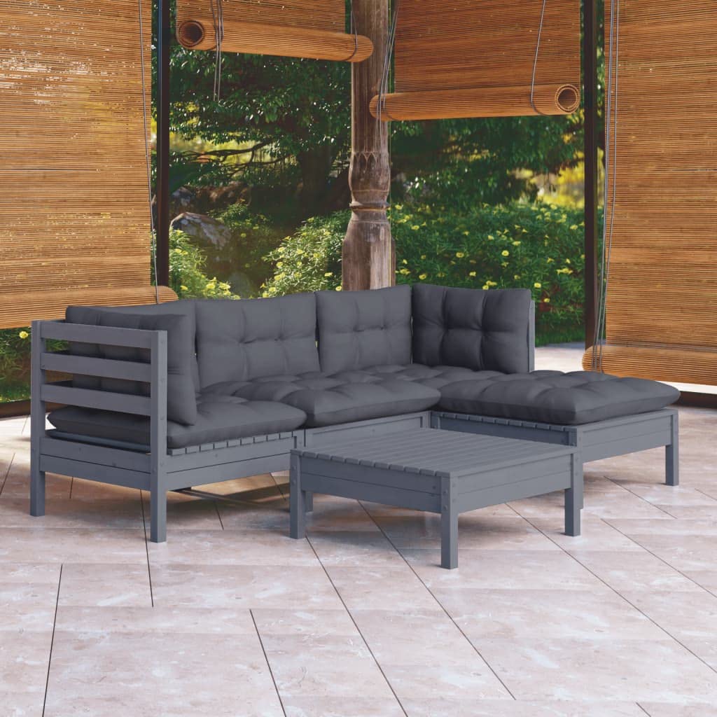 vidaXL Solid Pinewood Patio Lounge Set 5 Piece with Cushions Garden Outdoor Lawn Yard Terrace Balcony Wooden Seat Seating Furniture Gray