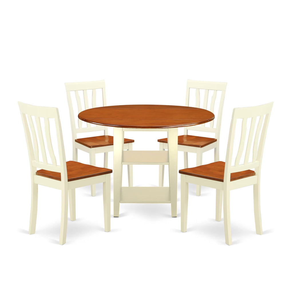 East West Furniture SUAN5-BMK-W 5 Piece Modern Dining Table Set Includes a Round Wooden Table with Dropleaf & Shelves and 4 Dining Room Chairs, 42x42 Inch, Buttermilk & Cherry