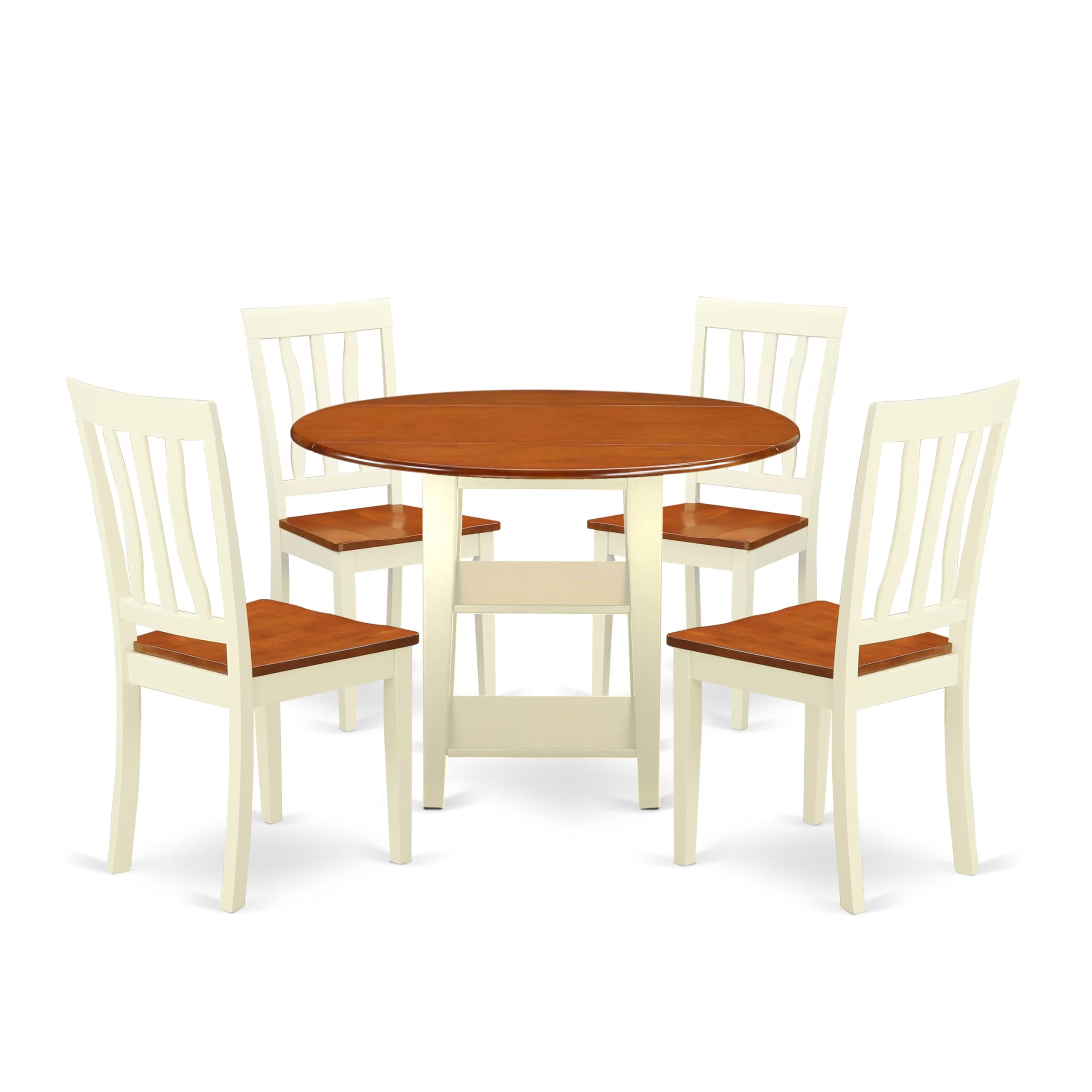 East West Furniture SUAN5-BMK-W 5 Piece Modern Dining Table Set Includes a Round Wooden Table with Dropleaf & Shelves and 4 Dining Room Chairs, 42x42 Inch, Buttermilk & Cherry