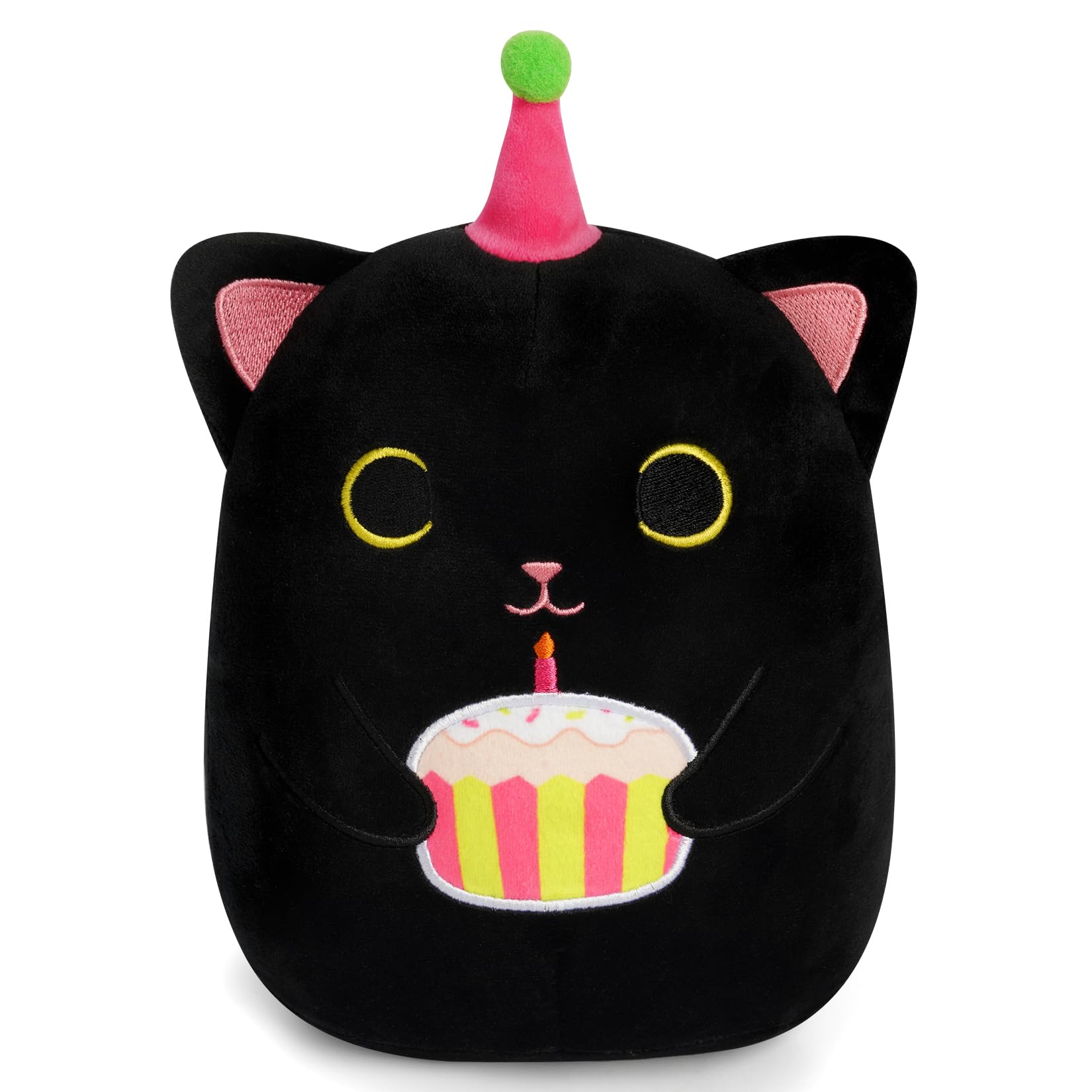 KOPHINYE Black Cat Plush, 8 inch Birthday Cat Stuffed Animal Happy Birthday Plush Cute Cat Plush Pillow with Cake, Kawaii Cat Pl