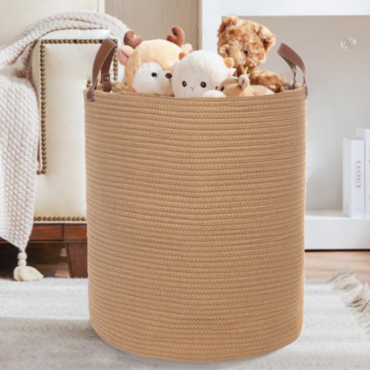 Caroeas XX-Large Cotton Rope Basket, 20 x 16 Cotton Leather Handles, 80L Woven Baby Woven Laundry Blanket for Toys, Collapsi
