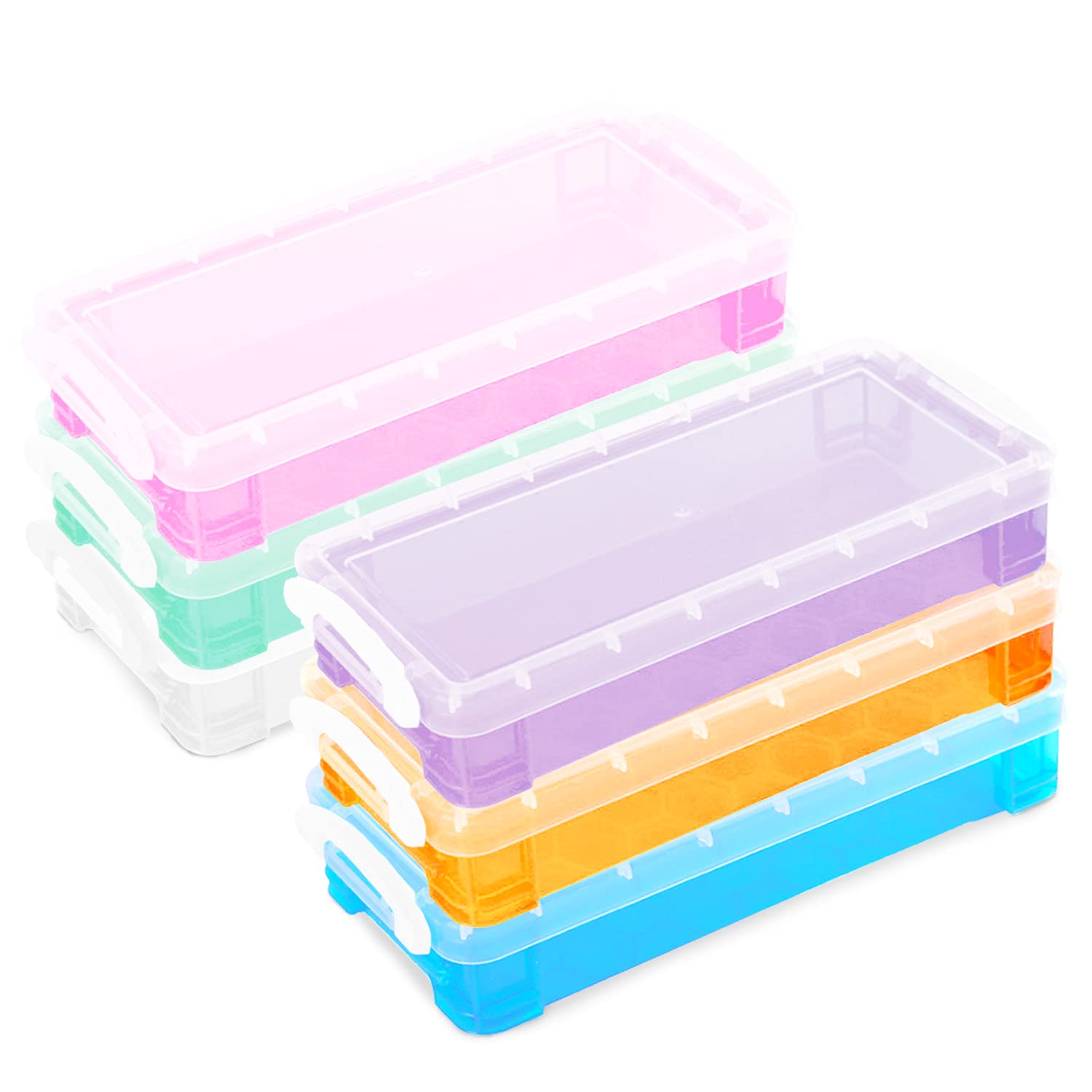 Rocutus Pencil Box,6 Pack Large Capacity Pencil Box Stackable Plastic Pencil Box Cases Office Supplies Storage Organizer Box Bru