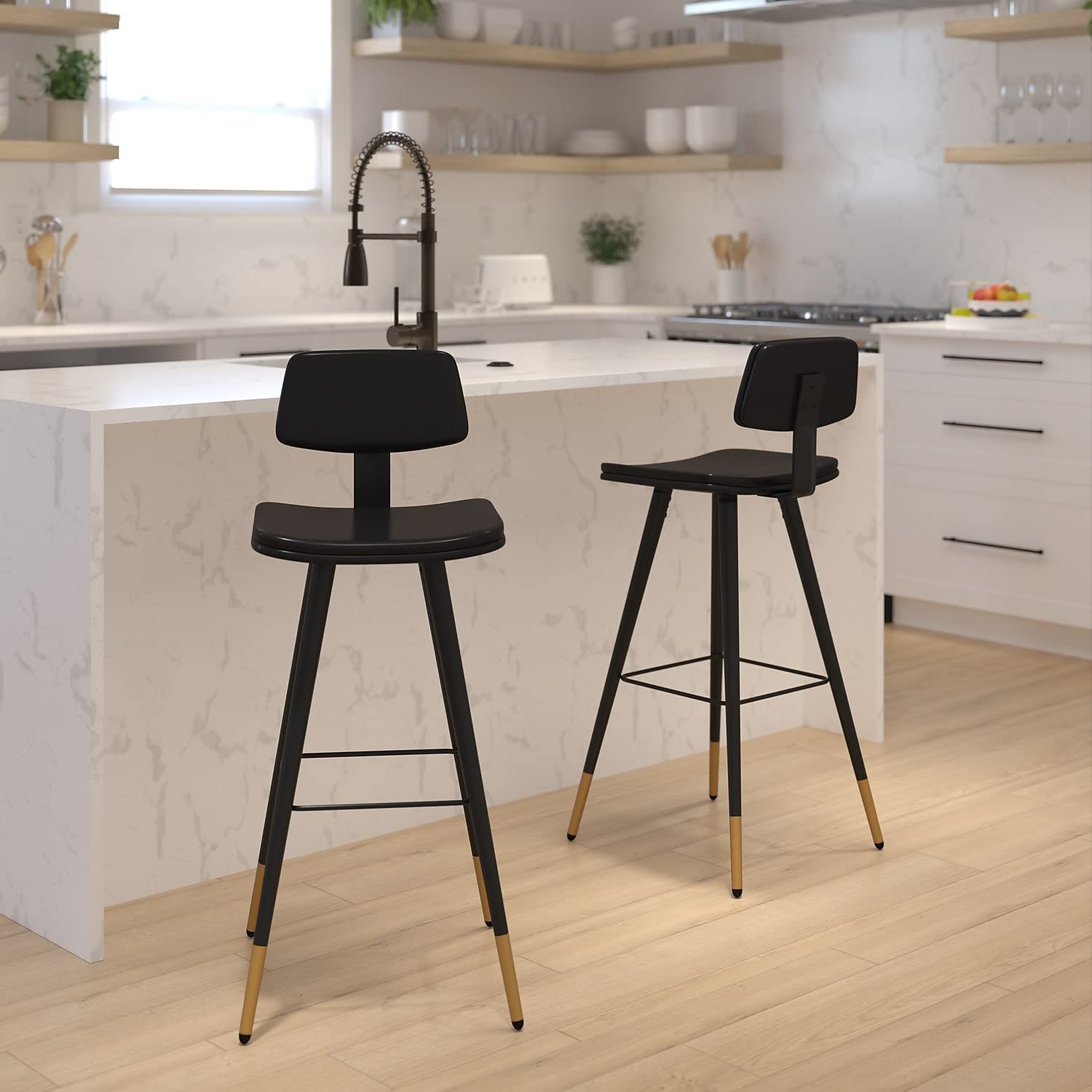 Flash Furniture Kora Commercial Grade Low Back Barstools-Black LeatherSoft Upholstery-Black Iron Frame-Integrated Footrest-Gold Tipped Legs-Set of 2
