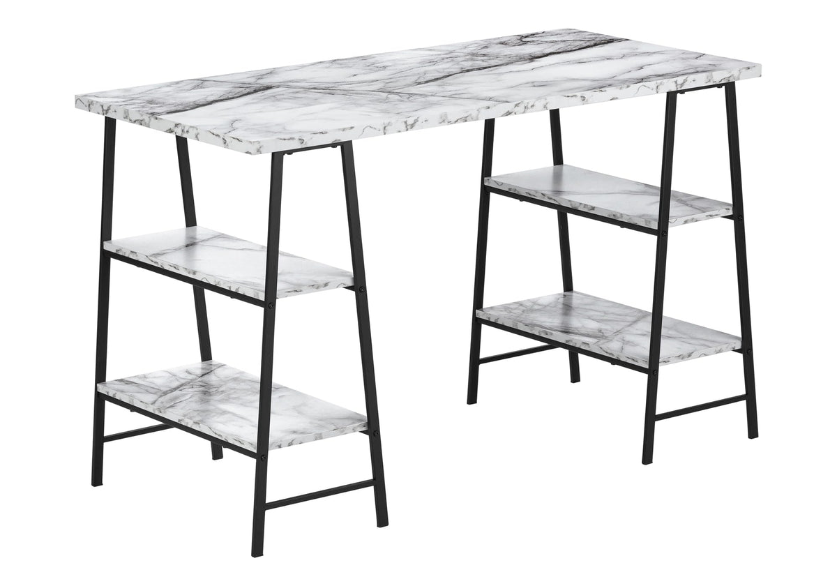 Monarch Specialties I 7527 Computer Desk, Home Office, Laptop, Storage Shelves, 48' L, Work, Metal, Laminate, White Marble Look, Black, Contemporary, Modern